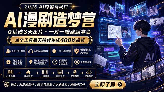 AI漫剧造梦营:0基础3天出片,单个工具每天持续生成400秒视频-吾爱云课堂