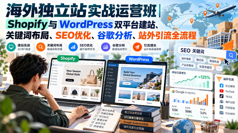 海外独立站实战运营班｜Shopify与WordPress双平台建站、关键词布局、SEO优化、谷歌分析、站外引流全流程-吾爱云课堂