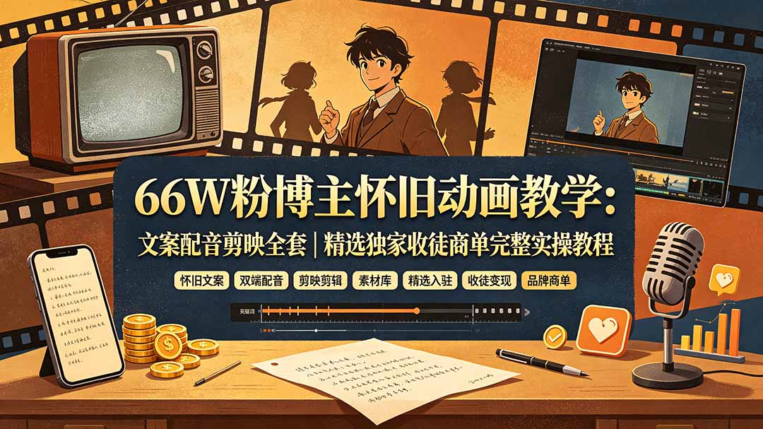 66W粉博主怀旧动画教学：文案配音剪映全套｜精选独家收徒商单完整实操教程-吾爱云课堂