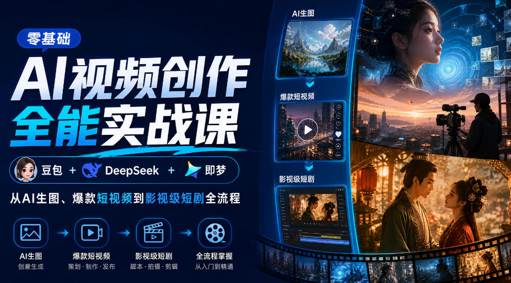 零基础AI视频创作全能实战课｜豆包+DeepSeek+即梦，从AI生图、爆款短视频到影视级短剧全流程-吾爱云课堂