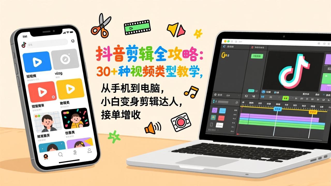 抖音剪辑全攻略：30+种视频类型教学，从手机到电脑，小白变身剪辑达人，接单增收-吾爱云课堂