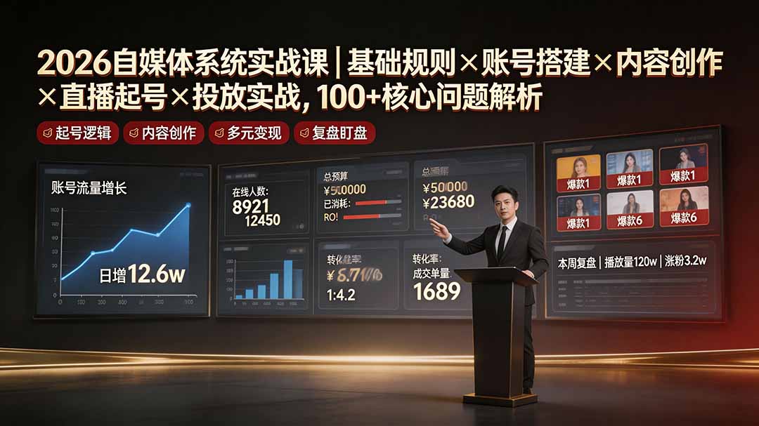 2026自媒体系统实战课｜基础规则×账号搭建×内容创作×直播起号×投放实战，100+核心问题解析-吾爱云课堂