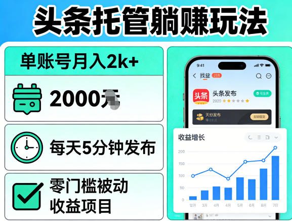 头条托管躺賺玩法，单账号月入2k+，每天5分钟发布即可，零门槛被动收益项目【揭秘】-吾爱云课堂