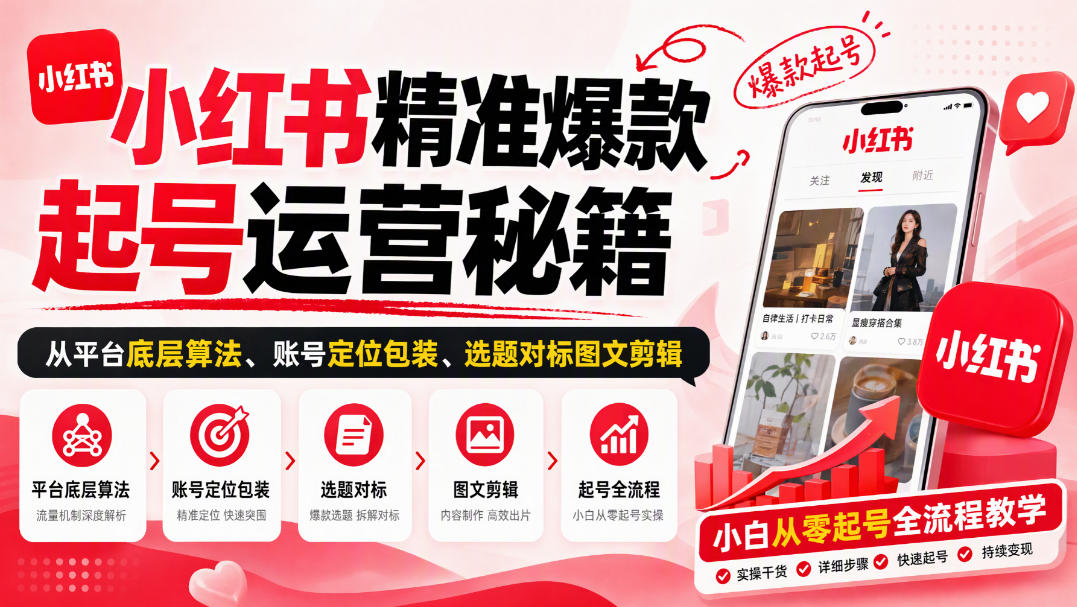 小红书精准爆款起号运营秘籍，从平台底层算法、账号定位包装、选题对标图文剪辑，小白从零起号全流程-吾爱云课堂
