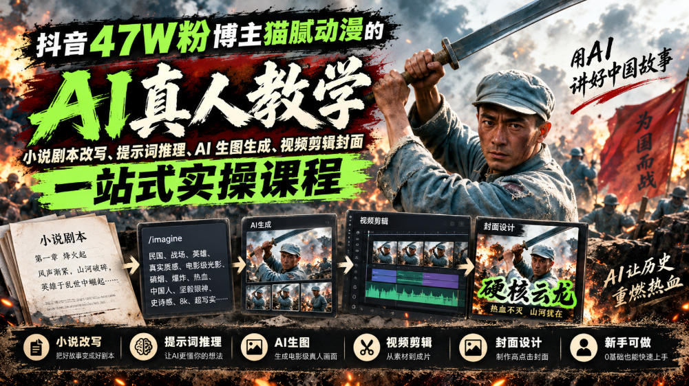 抖音47W粉博主猫腻动漫的AI真人漫剧教学，小说剧本改写、提示词推理、AI生图生成、视频剪辑封面一站式实操课程-吾爱云课堂