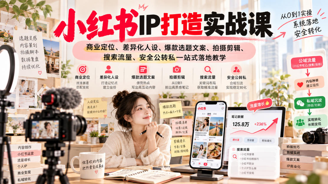 小红书ip打造实战课，商业定位、差异化人设、爆款选题文案、拍摄剪辑、搜索流量、安全公转私一站式落地教学-吾爱云课堂