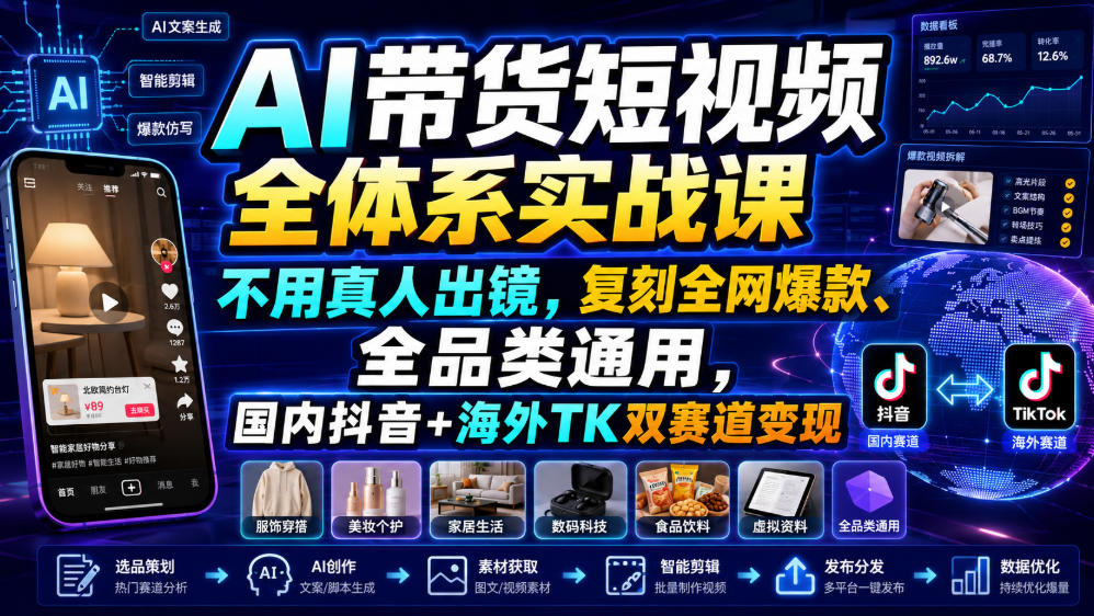 AI带货短视频全体系实战课，不用真人出镜，复刻全网爆款、全品类通用，国内抖音+海外TK双赛道变现-吾爱云课堂