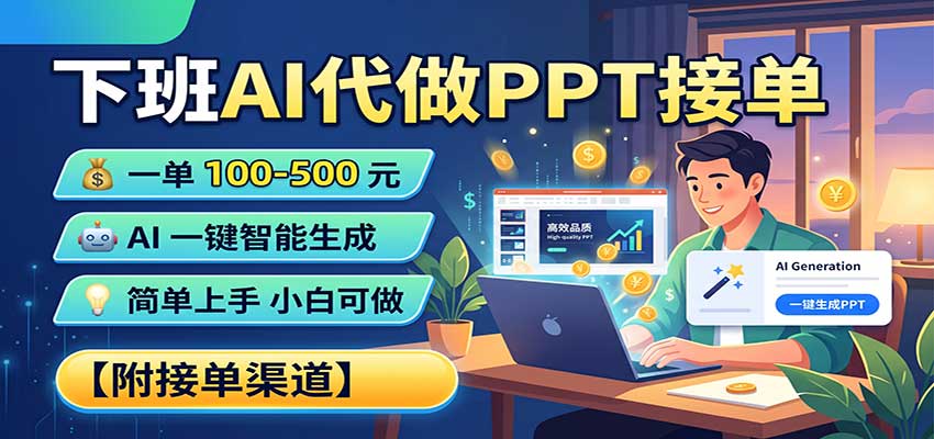 下班AI代做PPT接单，一单100-500，AI一键生成，小白也能做，附接单渠道-吾爱云课堂