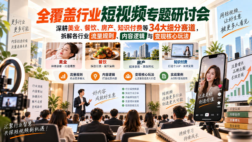 短视频专题研讨会，深耕美业、餐饮、房产、知识付费等34大细分赛道，拆解各行业流量规则、内容逻辑与变现核心玩法-吾爱云课堂