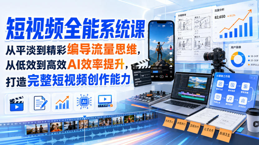 短视频全能系统课，从平淡到精彩编导流量思维，从低效到高效AI效率提升，打造完整短视频创作能力(2026年8月30更新233集)-吾爱云课堂
