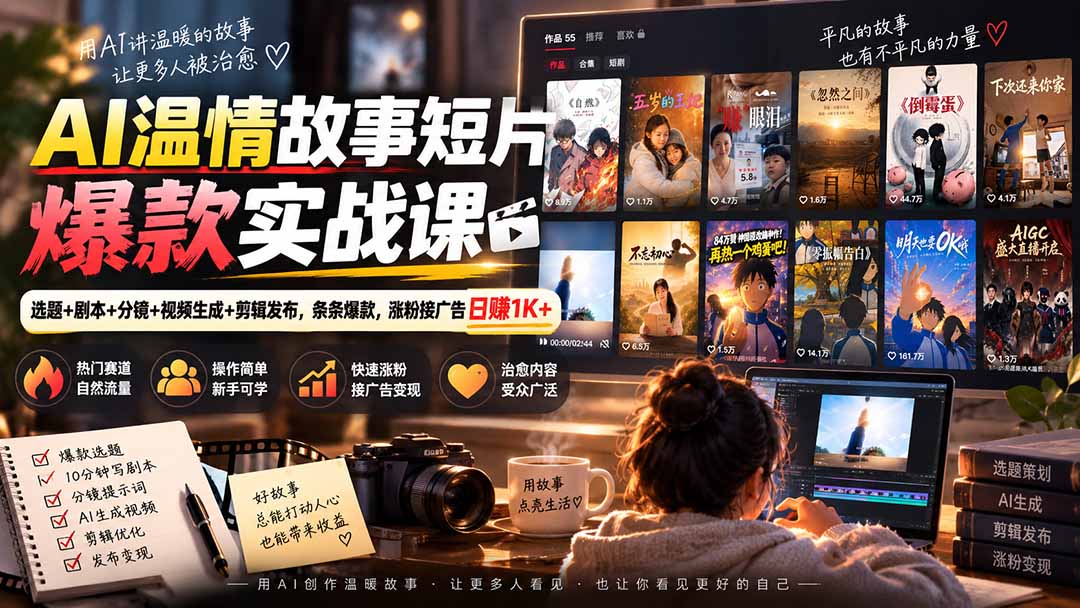AI温情故事短片爆款实战课-更新｜选题+剧本+分镜+视频生成+剪辑发布，条条爆款，涨粉接广告日赚1K+-吾爱云课堂