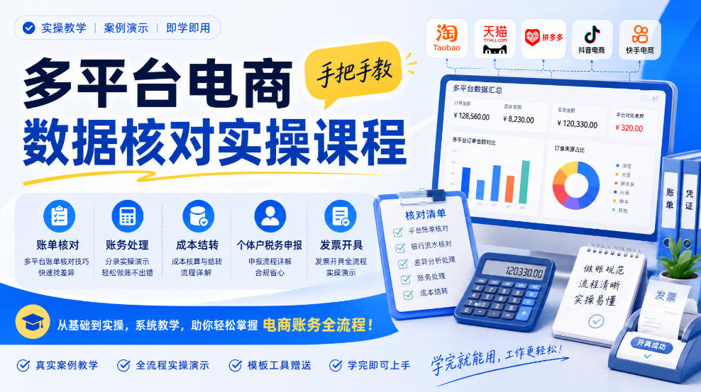 多平台电商数据核对实操课程，手把手教账单核对、账务处理、成本结转、个体户税务申报与发票开具-吾爱云课堂