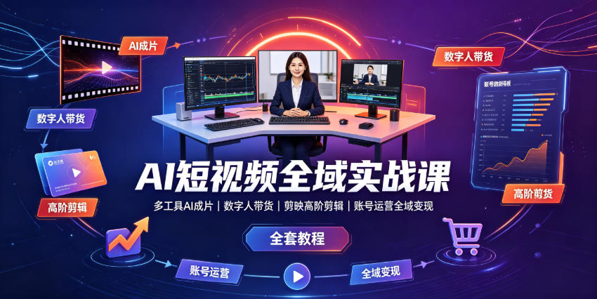 AI短视频全域实战课｜多工具AI成片、数字人带货、剪映高阶剪辑、账号运营全域变现全套教程-吾爱云课堂