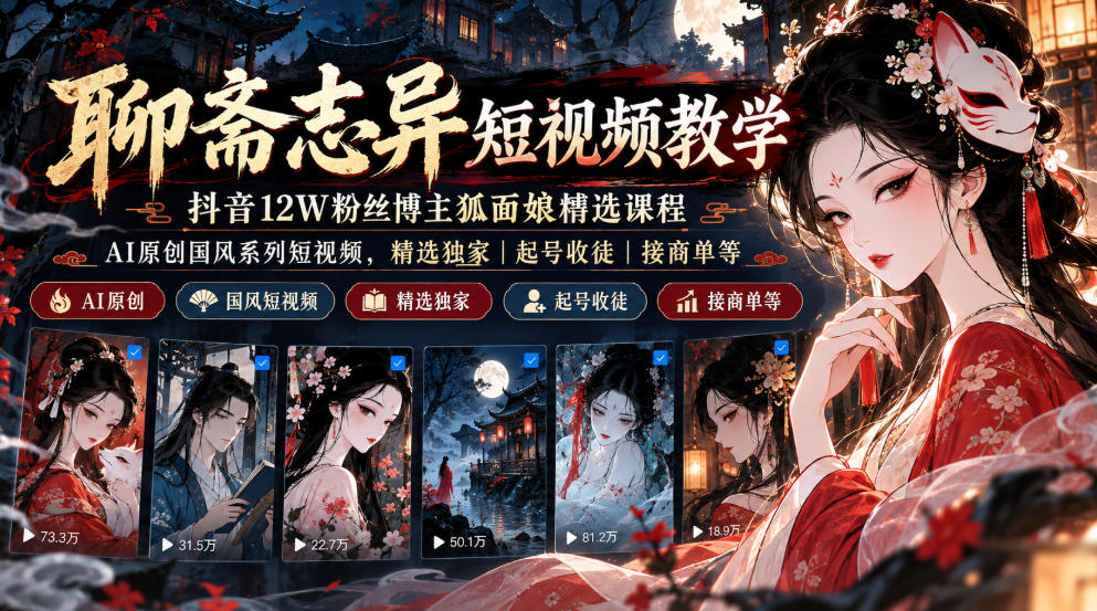 聊斋志异短视频教学，抖音12W粉丝博主狐面娘精选课程，AI原创国风系列短视频，精选独家丨起号收徒丨接商单等-吾爱云课堂