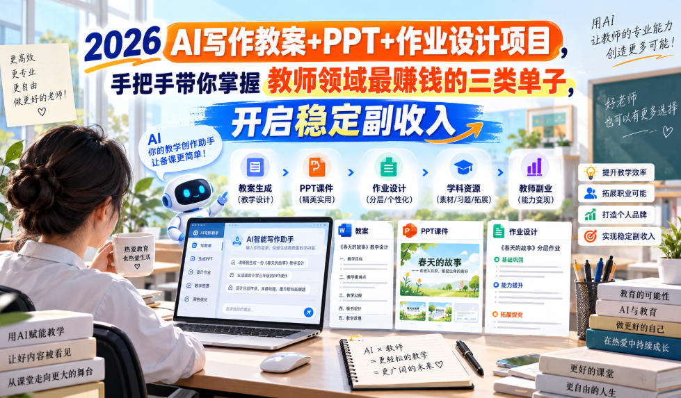 2026 AI写作教案+PPT+作业设计项目，手把手带你掌握教师领域最賺钱的三类单子，开启稳定副收入-吾爱云课堂