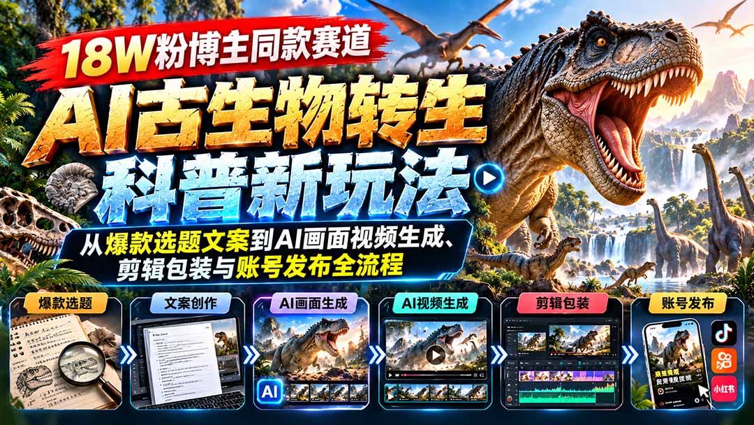 18W粉博主同款赛道-AI古生物转生科普新玩法：从爆款选题文案到AI画面视频生成、剪辑包装与账号发布全流程-吾爱云课堂
