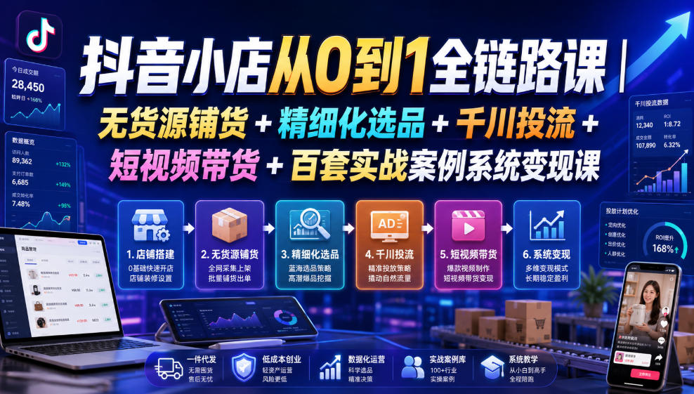 抖音小店从0到1全链路课｜无货源铺货+精细化选品+千川投流+短视频带货+百套实战案例系统变现课(2026年7月更新)-吾爱云课堂