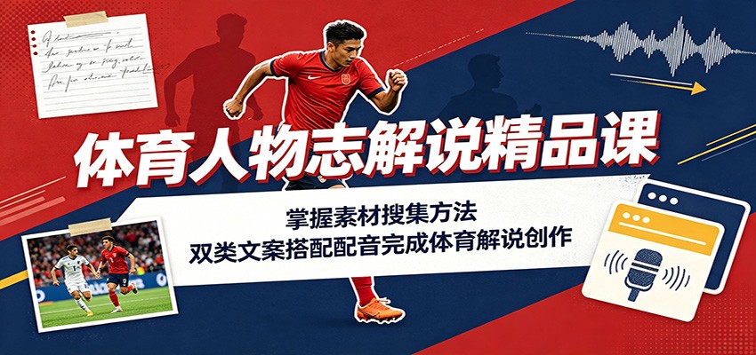 体育人物志解说精品课：掌握素材搜集方法，双类文案搭配配音完成体育解说创作-吾爱云课堂