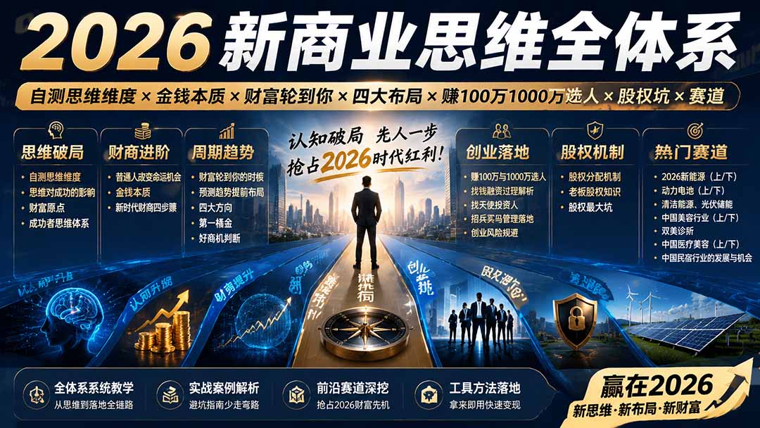 2026新商业思维全体系：自测思维维度×金钱本质×财富轮到你×四大布局×赚100万1000万选人×股权坑×赛道-吾爱云课堂