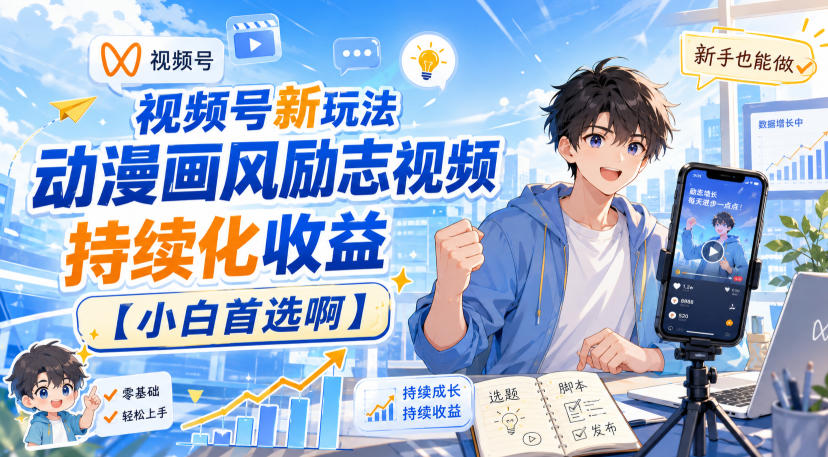 视频号新玩法动漫画风励志视频，持续化收益【小白首选啊】-吾爱云课堂