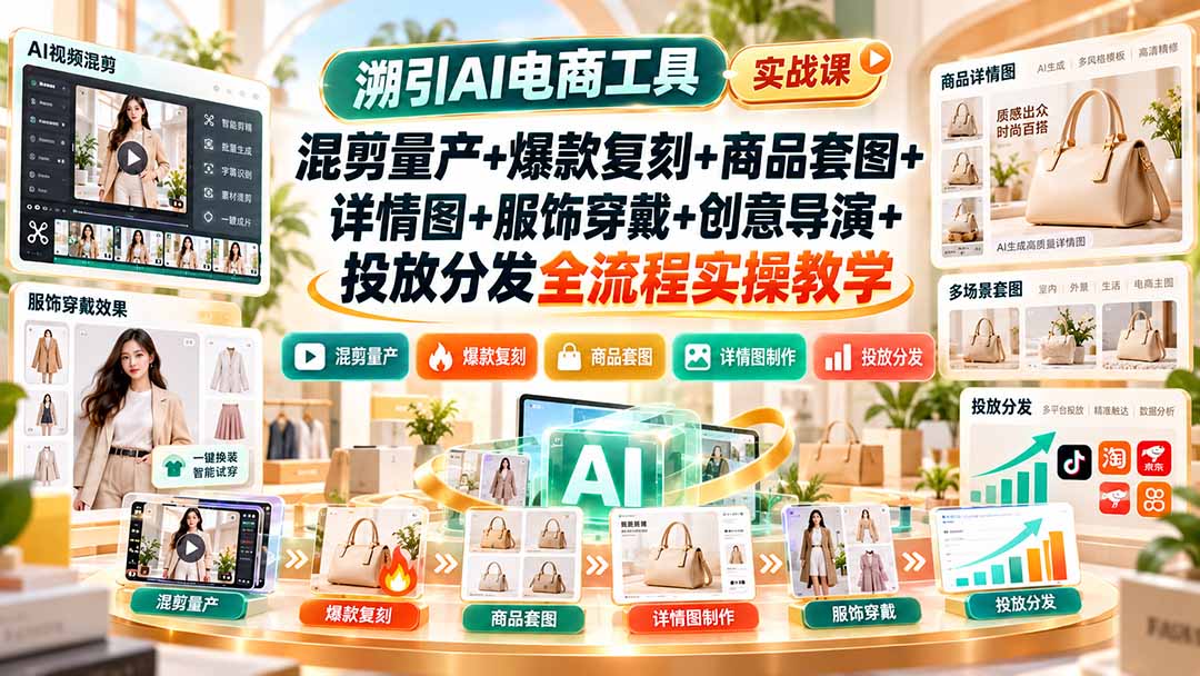 溯引AI电商工具实战课：混剪量产+爆款复刻+商品套图+详情图+服饰穿戴+创意导演+投放分发全流程实操教学-吾爱云课堂