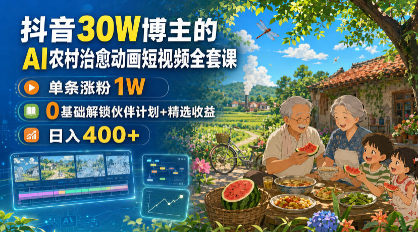 抖音30W博主的AI农村治愈动画短视频全套课|单条涨粉1W,0基础解锁伙伴计划+精选收益,日入400+-吾爱云课堂
