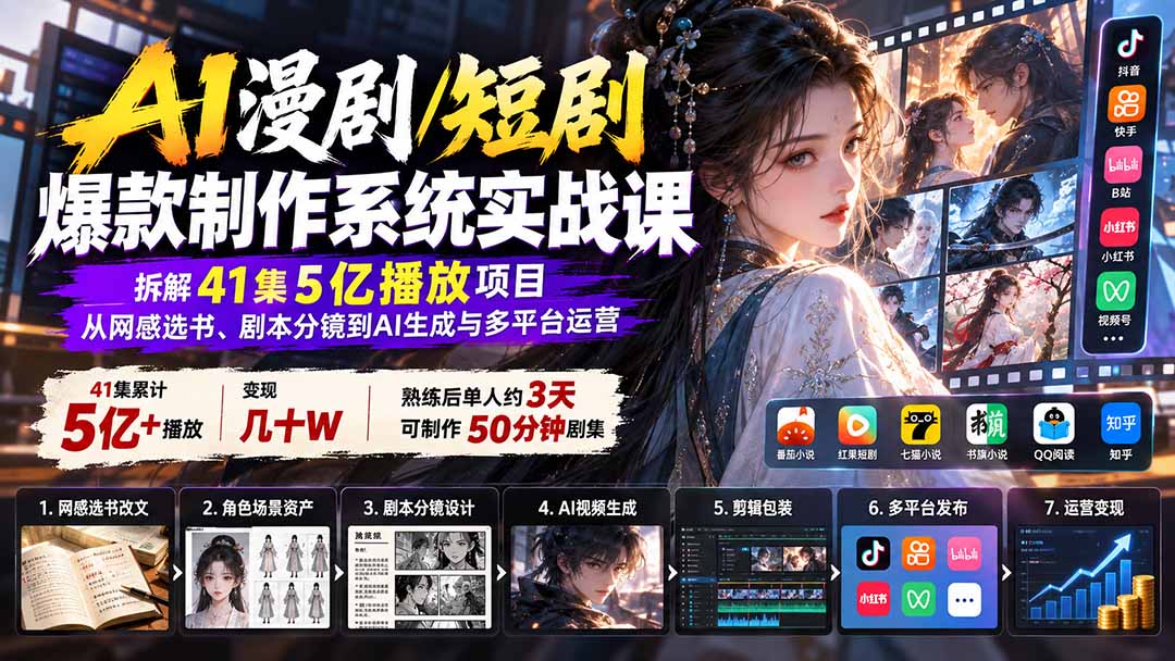 AI漫剧/短剧爆款制作系统实战课：拆解41集5亿播放项目，从网感选书、剧本分镜到AI生成与多平台运营-吾爱云课堂