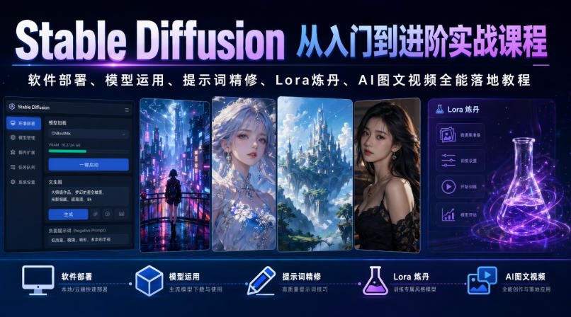 Stable Diffusion从入门到进阶实战课程｜软件部署、模型运用、提示词精修、Lora炼丹、AI图文视频全能落地教程-吾爱云课堂