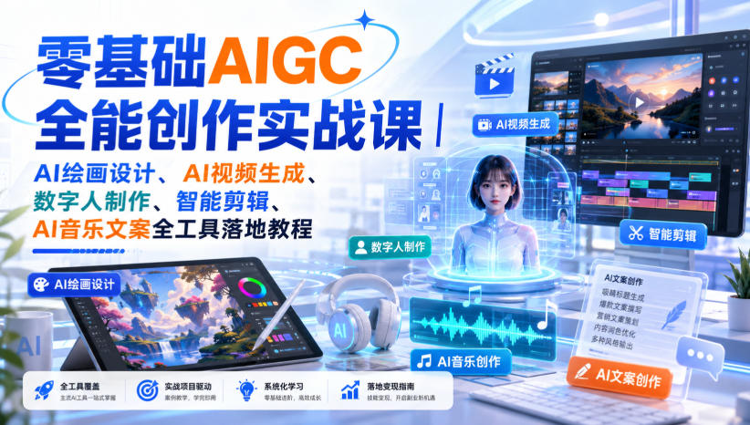 零基础AIGC全能创作实战课｜AI绘画设计、AI视频生成、数字人制作、智能剪辑、AI音乐文案全工具落地教程-吾爱云课堂