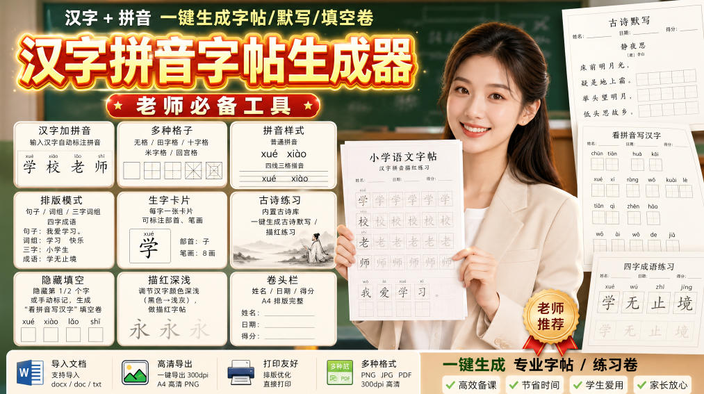 学习神器，汉字拼音字帖生成器，汉字+拼音 一键生成字帖/默写/填空卷，支持词组、成语，老师、家长必备-吾爱云课堂