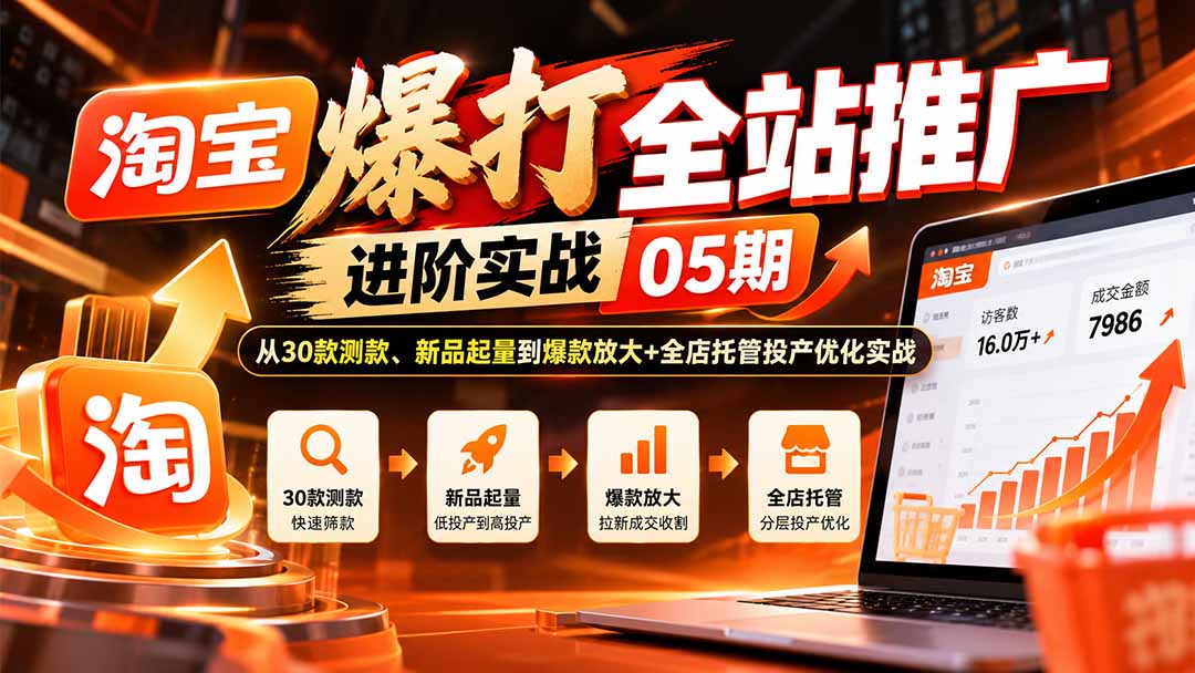 淘宝爆打全站推广进阶实战05期：从30款测款、新品起量到爆款放大+全店托管投产优化实战-吾爱云课堂