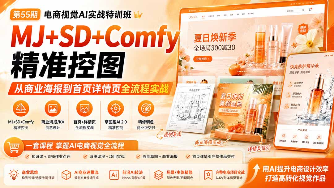 电商视觉 AI实战训练营第55期:MJ+SD+Comfy精准控图,从商业海报到首页详情页全流程实战-吾爱云课堂