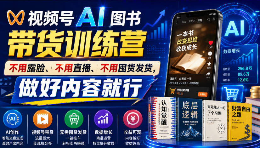 视频号AI图书带货训练营,不用露脸、不用直播、不用囤货发货,做好内容就行,一条爆款视频佣金8942-吾爱云课堂