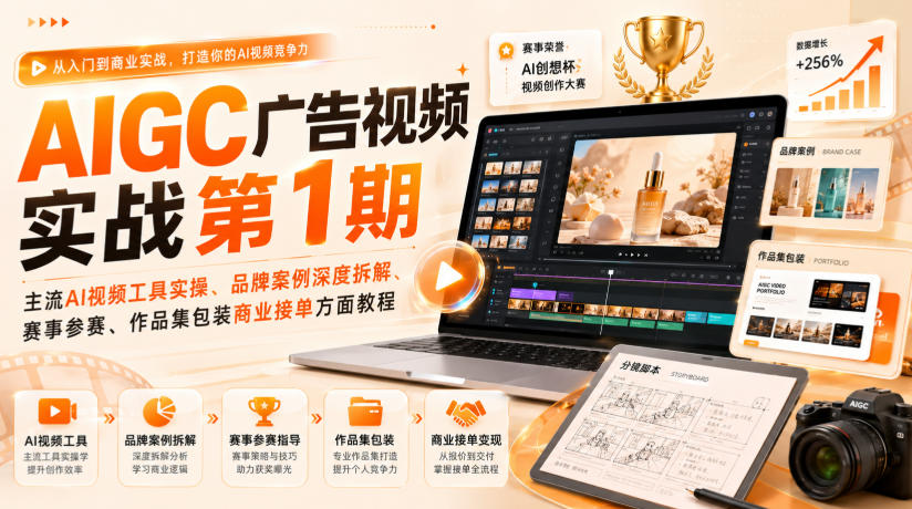 AIGC广告视频实战第1期，主流AI视频工具实操、品牌案例深度拆解、赛事参赛、作品集包装商业接单方面教程-吾爱云课堂