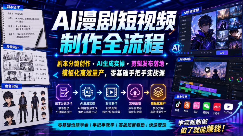 AI漫剧短视频制作全流程|剧本分镜创作・AI生成实操・剪辑发布落地・模板化高效量产,零基础手把手实战课-吾爱云课堂