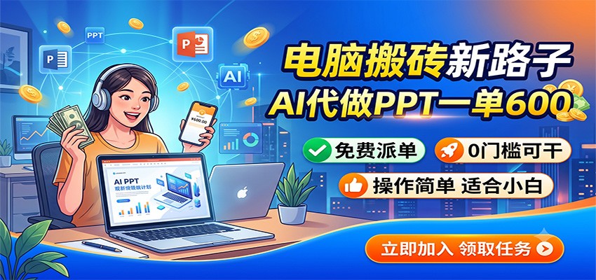 电脑搬砖新路子：AI代做PPT一单600，免费派单，0门槛可干-吾爱云课堂