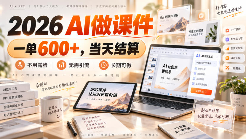 2026 AI做课件，一单600+，当天结算，不用露脸，无需引流，长期可做【揭秘】-吾爱云课堂