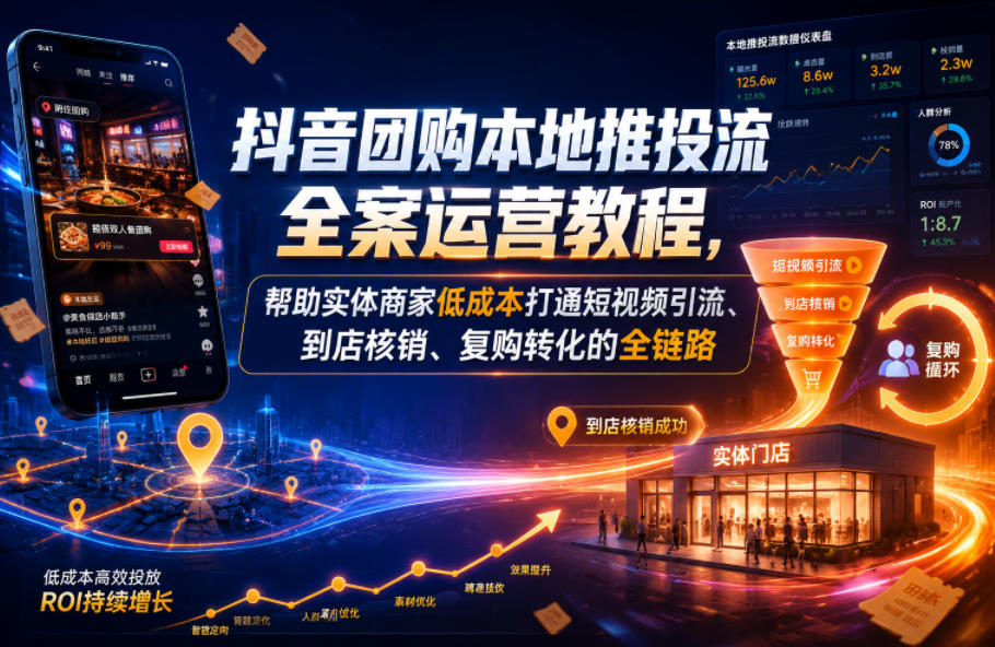 抖音团购本地推投流全案运营教程，帮助实体商家低成本打通短视频引流、到店核销、复购转化的全链路-吾爱云课堂