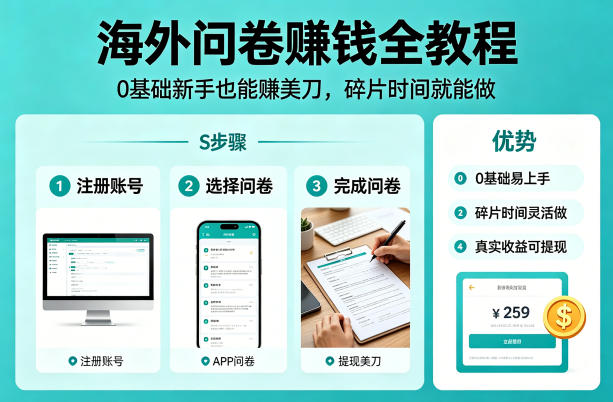 海外问卷賺钱全教程，0基础新手也能賺美刀，碎片时间就能做-吾爱云课堂