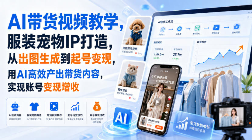 AI带货视频教学，服装宠物IP打造，从出图生成到起号变现，用AI高效产出带货内容，实现账号变现增收-吾爱云课堂