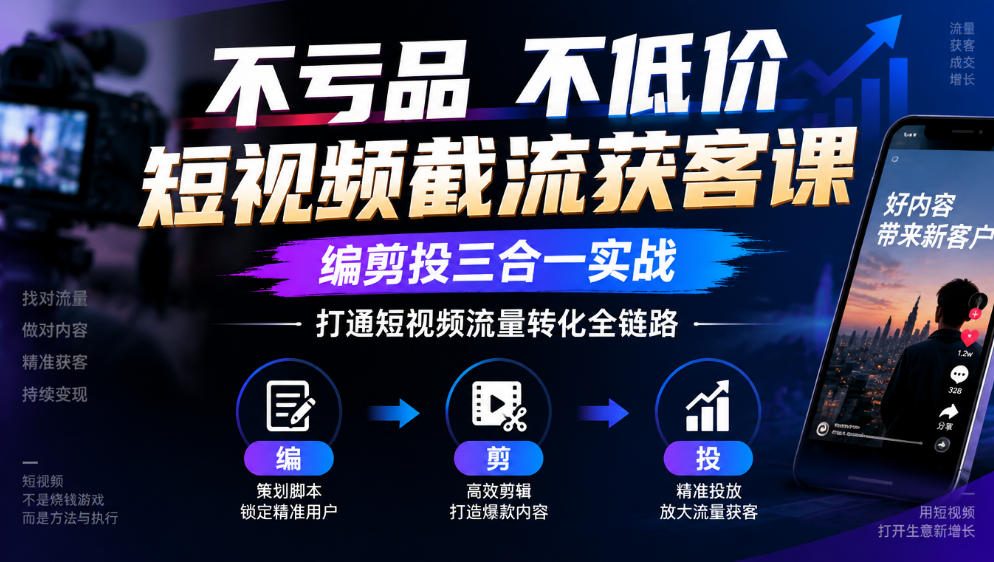 不亏品不低价短视频截流获客课，编剪投三合一实战，打通短视频流量转化全链路-吾爱云课堂