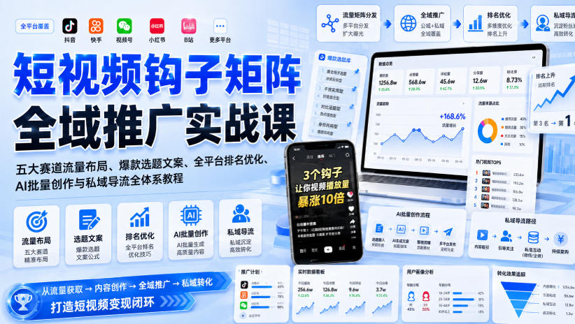 短视频钩子矩阵全域推广实战课｜五大赛道流量布局、爆款选题文案、全平台排名优化、AI批量创作与私域导流全体系教程-吾爱云课堂