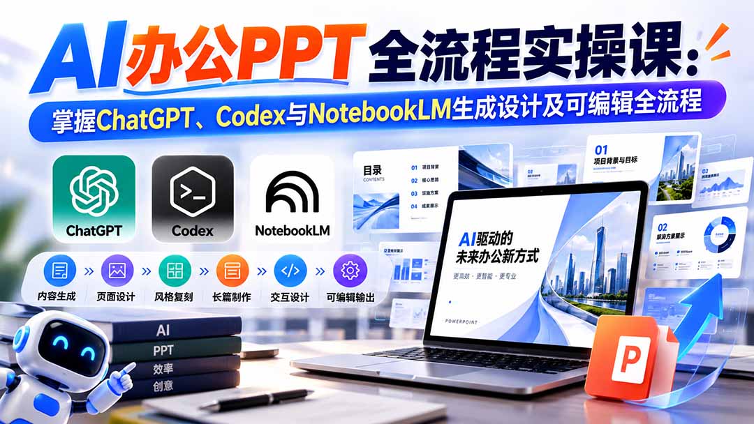 【无水印】AI办公PPT全流程实操课： 掌握ChatGPT、Codex与NotebookLM生成设计及可编辑全流程-吾爱云课堂