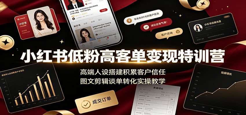 小红书低粉高客单变现特训营：高端人设搭建积累客户信任，图文剪辑谈单转化实操教学-吾爱云课堂