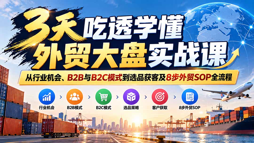 3天吃透学懂外贸大盘实战课：从行业机会、B2B与B2C模式到选品获客及8步外贸SOP全流程-吾爱云课堂
