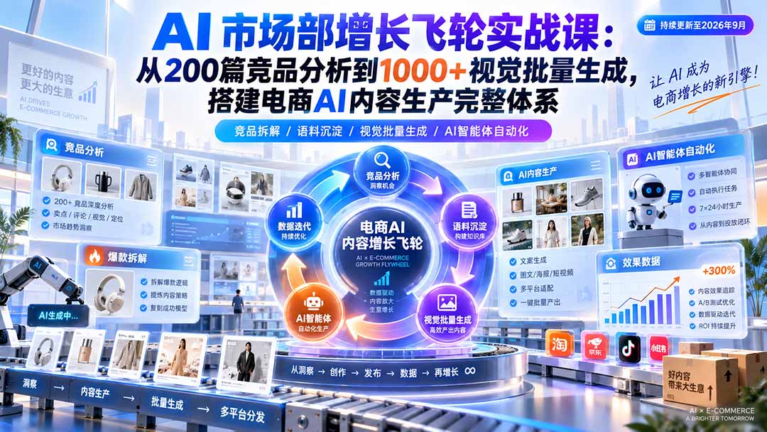 AI 市场部增长飞轮实战课：从200篇竞品分析到1000+视觉批量生成，搭建电商AI内容生产完整体系-吾爱云课堂