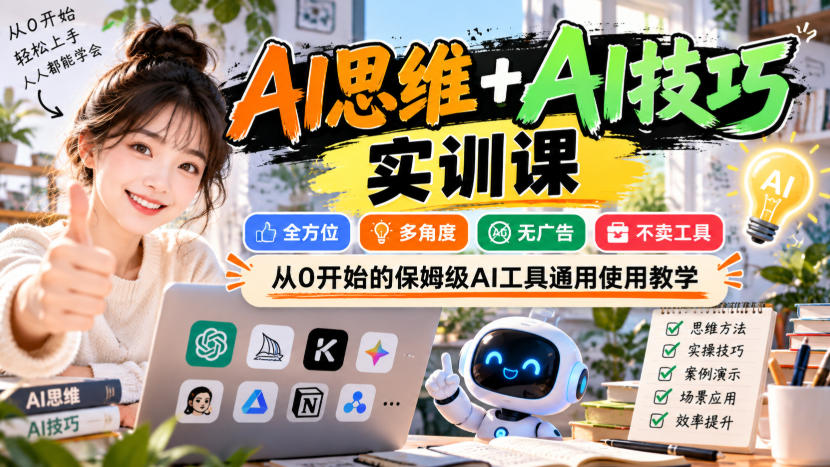 【无水印】AI思维+AI技巧实训课，全方位、多角度、无广告、不卖工具，从0开始的保姆级AI工具通用使用教学-吾爱云课堂