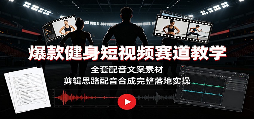 爆款健身短视频赛道教学：全套配音文案素材，剪辑思路配音合成完整落地实操-吾爱云课堂