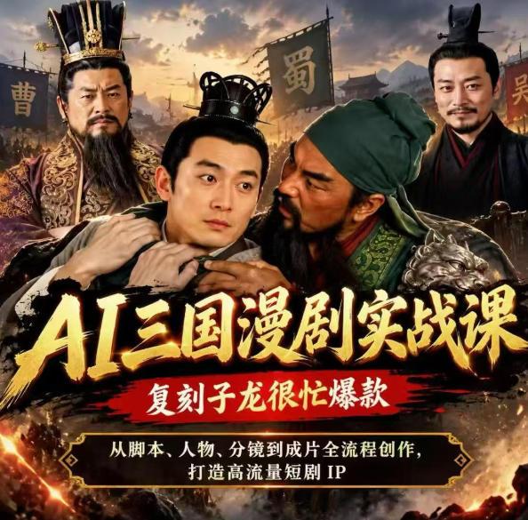 抖音14W粉博主同款AI三国漫剧实战课，复刻子龙很忙爆款，从脚本、人物、分镜到成片全流程创作，打造高流量短剧IP-吾爱云课堂