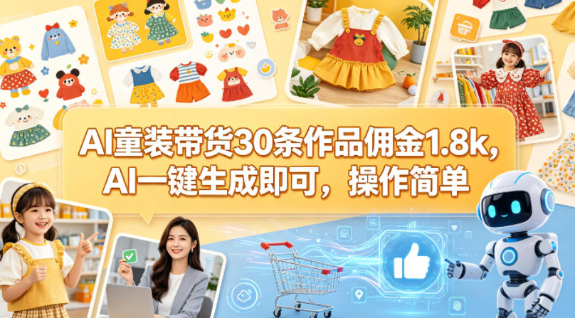 AI童装带货30条作品佣金1.8k，AI一键生成即可，操作简单-吾爱云课堂